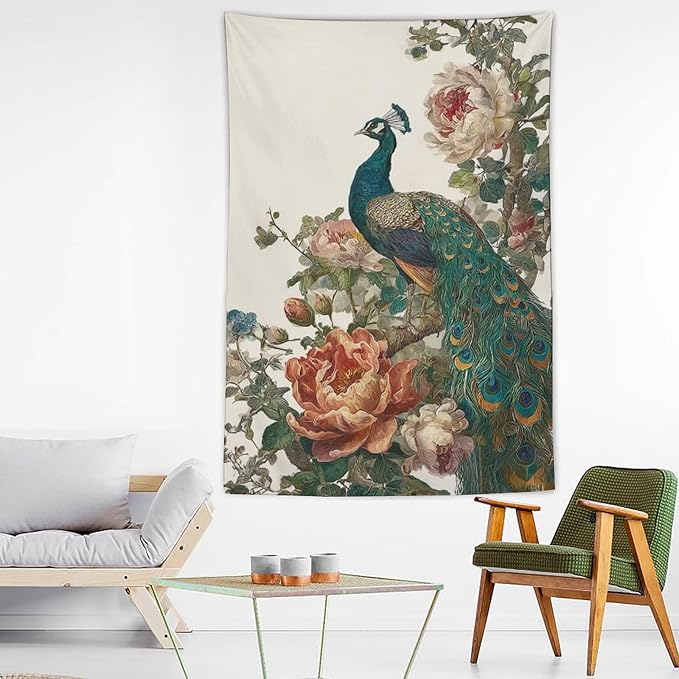 UUKXKUU Peacock Oriental Retro Blooming Flowers Tree Tapestry Wall Decor Large Wall Art Backdrop Flag Hanging for Bedroom Living Room Dorm Office 60"×90"