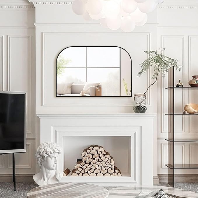 Modern Large Wall Mirror, Modern Mantel Minimalist Home Decor, Brushed Black Metal Framed Arched Mirror for Living Room, Bedroom, Fireplace, Mantle, Entryway, Bathroom, 36" x 24", Black