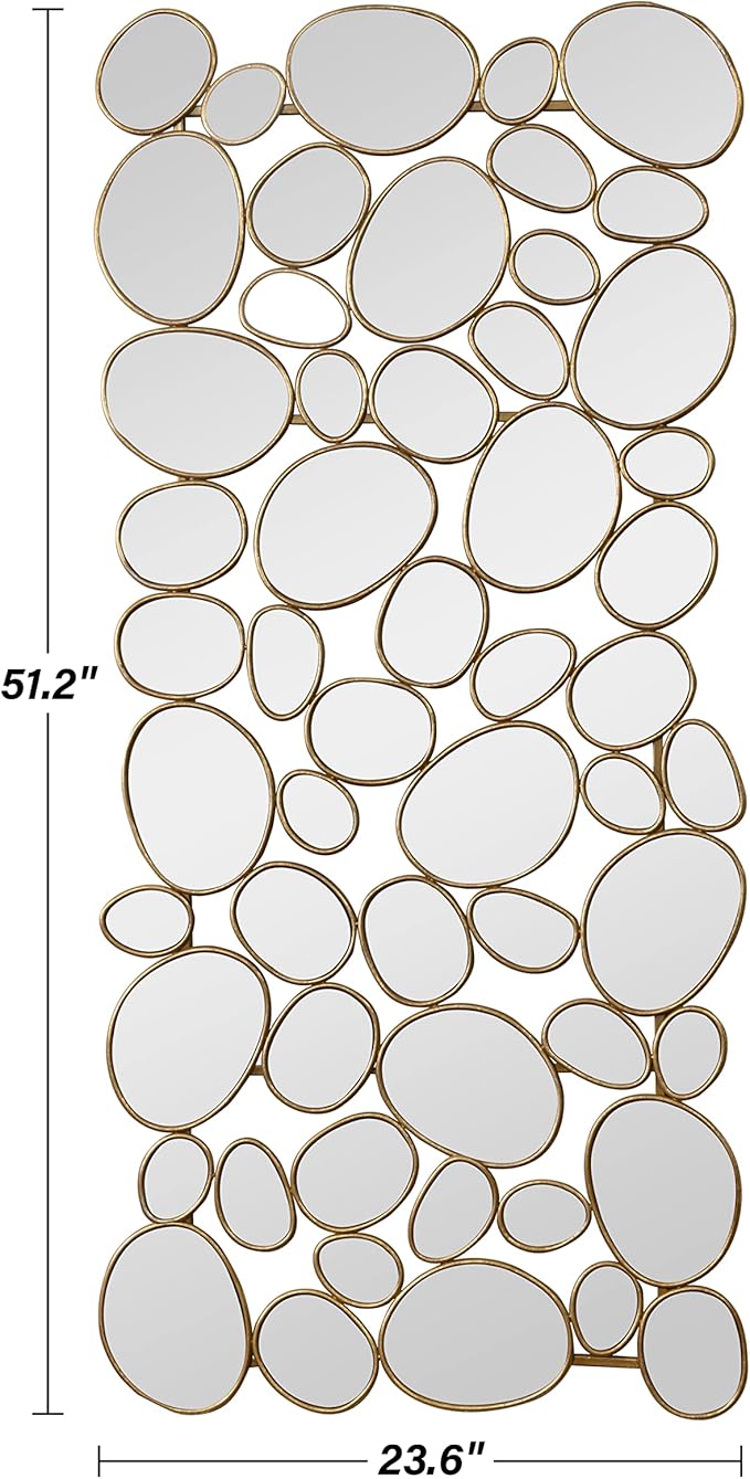 Gold Wall Mirrors Decorative - 23x51 Inch Large Living Room Mirrors for Wall Decor, 55 Piece Multi-Size Pebble Design Metal Framed Accent Mirror for Modern Entryway, Home Decor