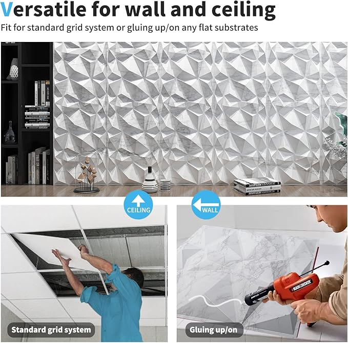 Art3d Textures 3D Wall Panels Glossy White Marble Diamond Design for Interior Wall Decor Pack of 12 Tiles 32 Sq Ft (PVC)