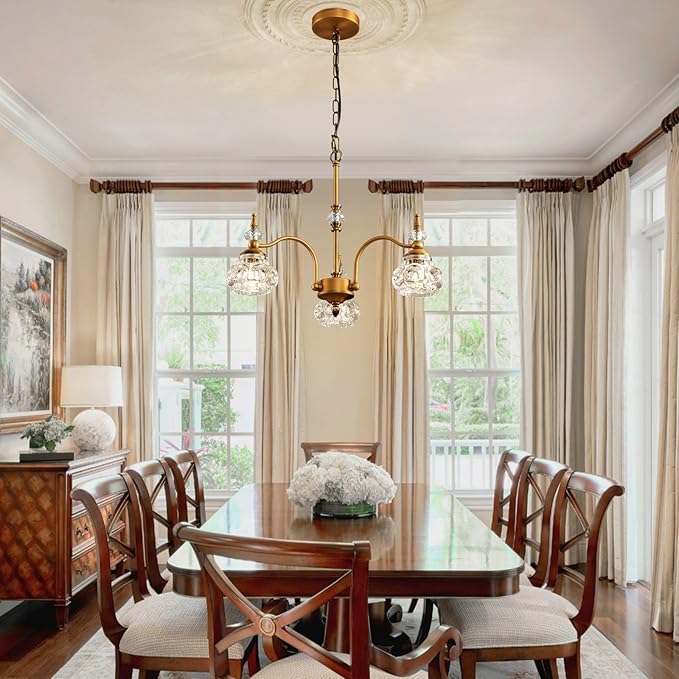 Black Chandelier, 3-Light Vintage Crystal Chandeliers for Dining Room, Industrial Foyer Lighting Fixtures, Kitchen Island Lighting, Modern Farmhouse Hanging Pendant Lights for Living Room, Bedroom