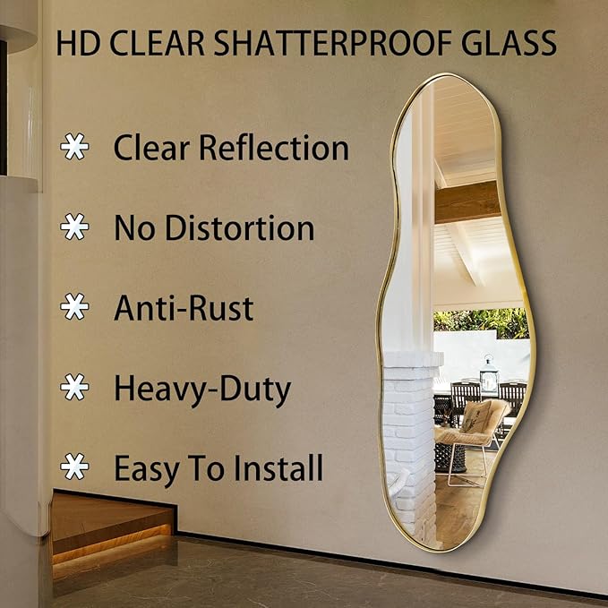 Large Asymmetrical Mirrors, Gold Irregular Shaped Mirror, 55"x22" Abstract Wall Mirror Decorative, Modern Funky Mirrors for Living Room Bathroom Bedroom Hallway Entryway Fireplace