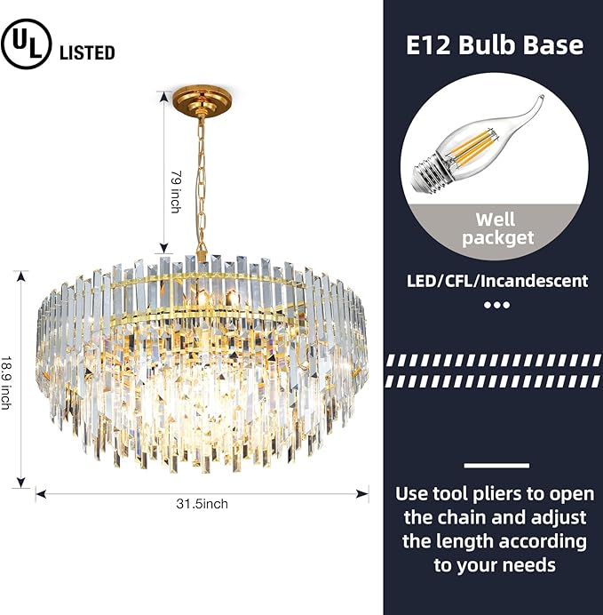 31.5" Modern Crystal Chandelier, 3-Tier Gold Pendant Light with 13 Lights, Luxury K9 Crystal Ceiling Fixture for Dining Room Living Room Foyer