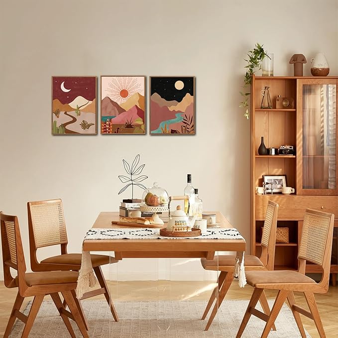 LHIUEM Modern Boho Framed Canvas Wall Art Set of 3(12”X16”) Moon and Sun Modern Desert Art Painting Nature Southwest Landscapes Artwork Rustic Mountain Wall Decor Framed Desert Art for Home Office