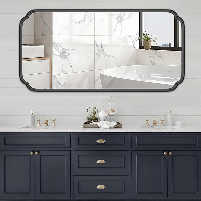 48 x 24 Inch Black Bathroom Vanity Mirror for Wall with Metal Frame Modern Rectangle Rounded Corner Wall Decor Mirror for Big Bathroom Over Sink (Horizontal/Vertical)