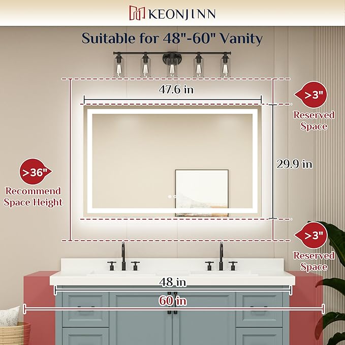Keonjinn LED Mirror for Bathroom 48 x 30 Inch, Frontlit & Backlit Bathroom Vanity Mirror with 3 Color Lights, Lighted Bathroom Mirror with Anti-Fog, HD Tempered Glass, UL-Listed LED Driver, CRI90+