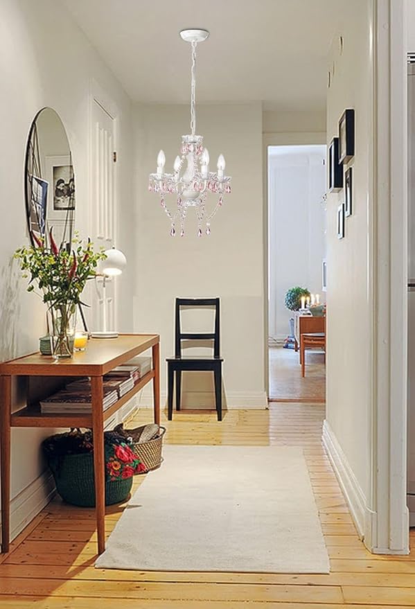 LaLuLa Pink Chandelier White Chandeliers Lighting with Acrylic Crystals Mini 4 Lights Pendant Light for Bedroom and Girls Room