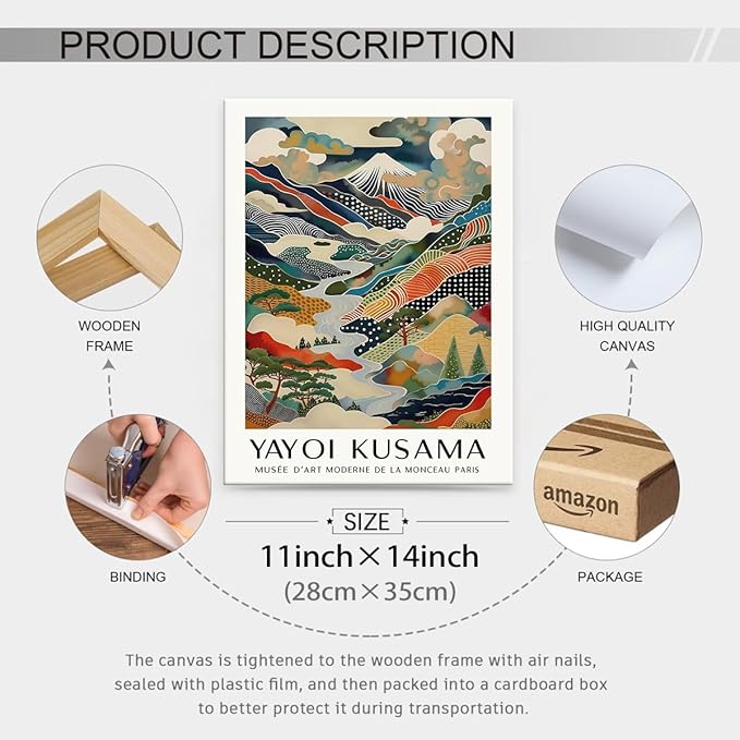 Japanese Canvas Wall Art Ya.yoi Kus.ama Mount Fuji Posters Asian Landscape Pictures Prints Modern Nature Mountain Artwork for Bathroom Living Room Bedroom Office Home Decor 11x14 inch Framed