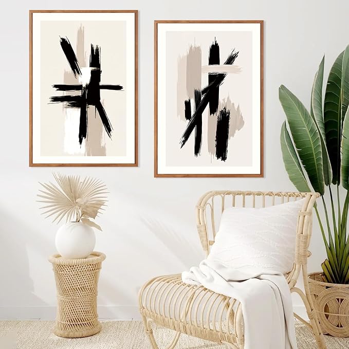 LHIUEM Grey Black Brown Framed Wall Art,Grey Abstract Pictures Set of 3(16”X24”) Minimalist Beige Cream Canvas Wall Art,Dance Lines Large Paintings,Blie Gray Wall Decor,Modern Room Decor for Bedroom