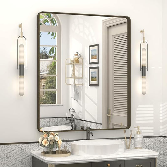 30x36 Inch Bronze Framed Bathroom Mirror, Brushed Bronze Metal Vanity Mirror, Bronze Rectangle Mirror for Wall, Rounded Corner, Anti-Rust, Shatterproof (Horizontal/Vertical)