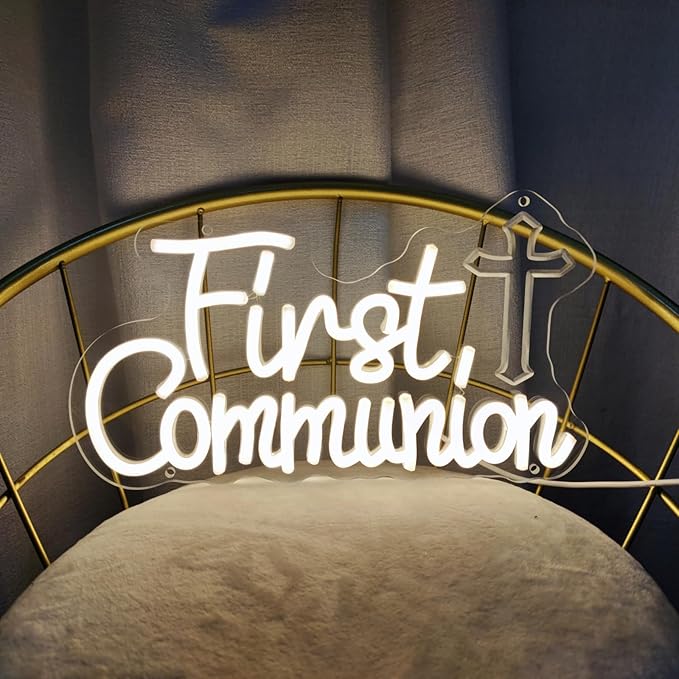 Neon Sign - First Communion Decorations, 16.3" x 10.7" Rectangular Multicolor Religious Wall Mount Neon Sign with Mounting Hardware (Hanging Chains)