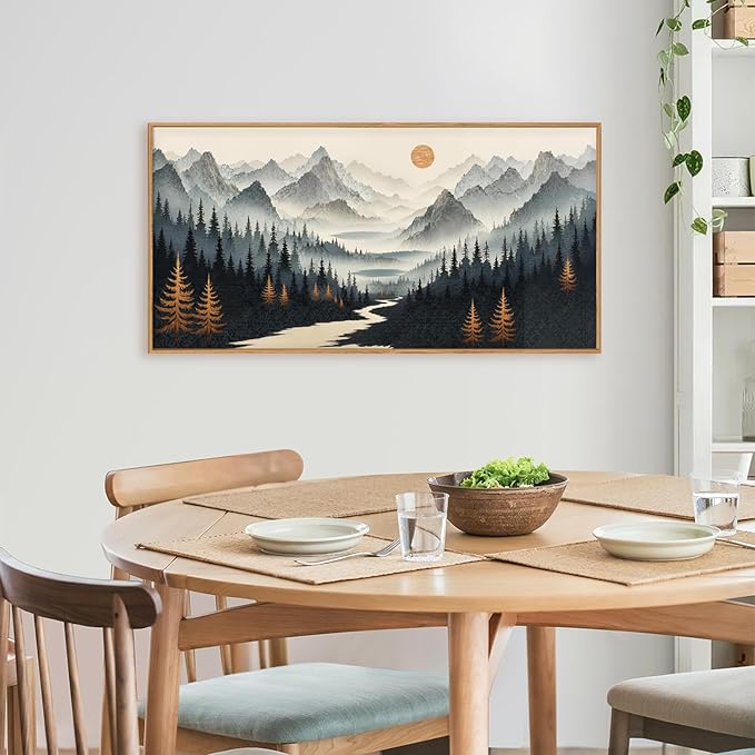 Ausril Watercolor Misty Forest Framed Canvas Wall Art Set, Foggy Mountain Wall Decor, Misty Pine Tree Wall Painting, Large Nature Landscape Art Prints for Living Room, Bedroom, Office - 20"X40"