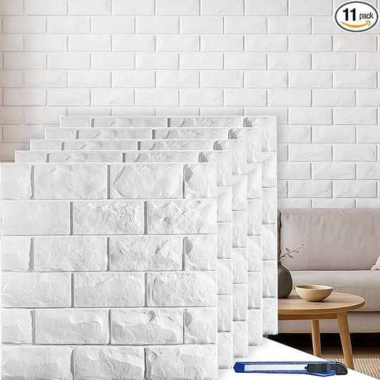 11 Pcs 3d Wall Panels Peel and Stick, White Brick Printable Faux Paneling Self Adhesive Waterproof 3d Wallpaper Stick and Peel for Bedroom, Bathroom, Kitchen, Fireplace (10.65 sq feet Coverage)