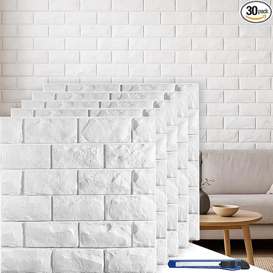 30 Pcs 3D Wall Panels, White Brick Printable 3D Wallpaper Stick and Peel, Self Adhesive Waterproof Foam Faux Brick Paneling for Bedroom, Bathroom, Kitchen, Fireplace (29.06 sq feet Coverage)