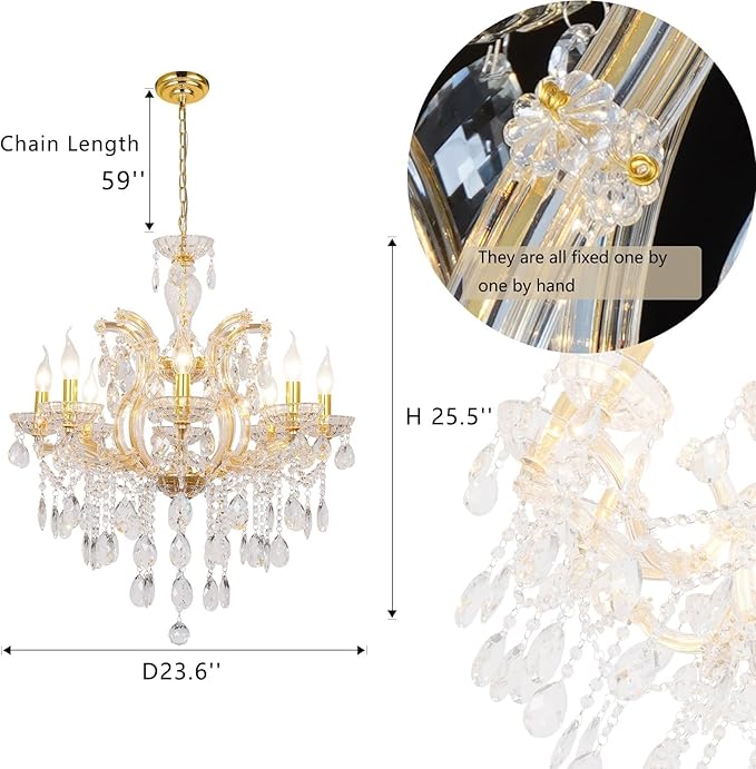 Luxury Maria Theresa Chandelier Light Fixture Modern Gold 8-Light Crystal Chandelier for Bedroom, Dining Room, Living Room, W23.6*H22 with Adjustable Chain