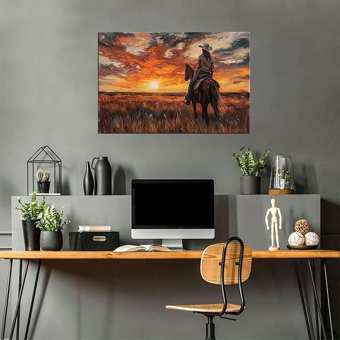 American Western Cowboy Wall Art Sunset Wall Decor Southwestern Farms Pictures for Bedroom Living Room Office Home Decortion Prints Vintage Artwork Framed(18L" x 24W")