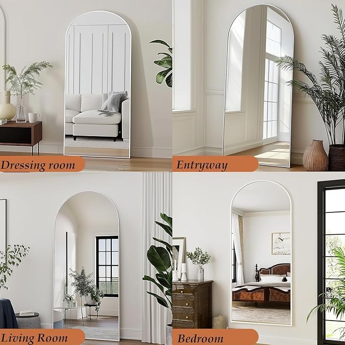Arched White Full Length Mirror, 57"X20" Large Floor Mirrors with Stand, Full Body Mirrors for Leaning or Hanging, Standing Mirror for Bedroom, Living Room,Dressing Room, Aluminum Alloy Frame, White