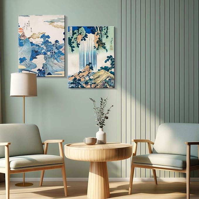 2Pcs Framed Landscape waterfall Japanese Ukiyo-e Wall Art Decor Canvas Print Picture Traditional Woodblock Print Style Poster Gallery Bedroom Living Room Office 12x16 Inch Ready to Hang