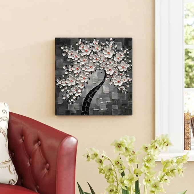 3D Cherry Blossom Tree Canvas Wall Art, White Flowers on Gray, Modern Floral Painting, 30x30 inches