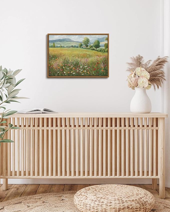 KISSFOX Vintage Landscape Canvas Wall Art Spring Farmhouse Colorful Wildflower Field Framed Wall Art Natural Countryside Cottagecore Paintings Artwork Rustic Art Prints For Bedroom Living Room