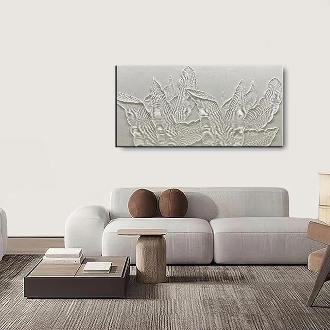 Modern Tropical Palm Leaf Wall Art, 3D Textured Relief Panel, White