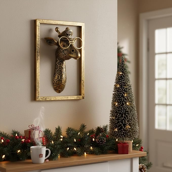 JJALIGHTS Animal Heads Wall Decor Resin Animals Sculptures Head Wall Hanging Decoration Imitation Copper vintage Wall Sculpture for Living Room Bedroom Office(Giraffe,Includes Metal Frame)