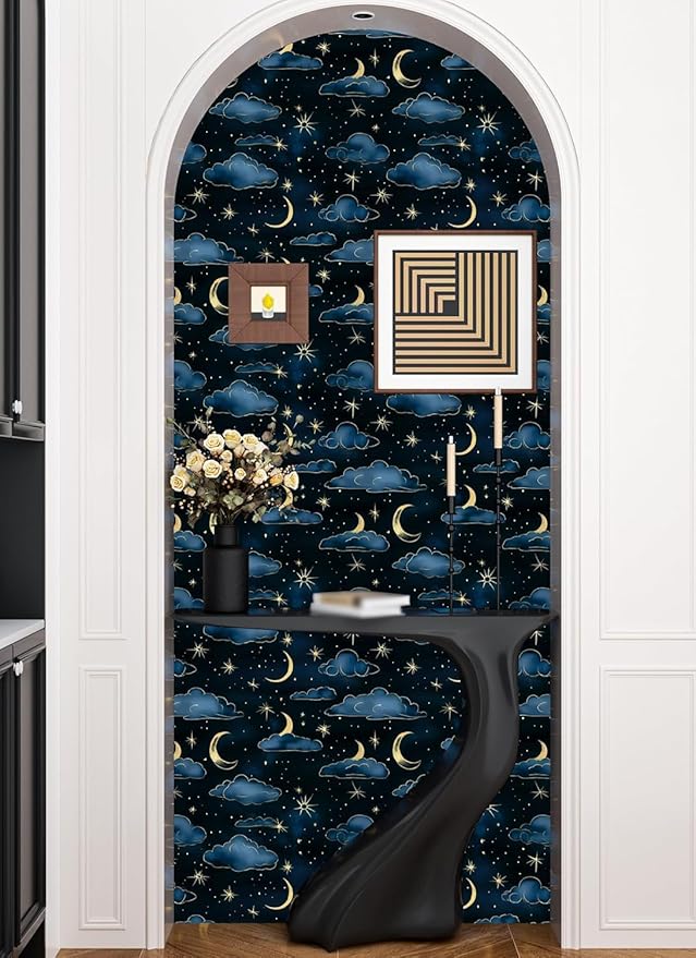 Cloudy Starry Night Peel and Stick Wallpaper Vintage Green Leaf Contact Paper Dark Floral Wall Mural Home Vinyl Waterproof Self Adhesive Removable Renter Friendly Wall Paper 17.5" x 393"