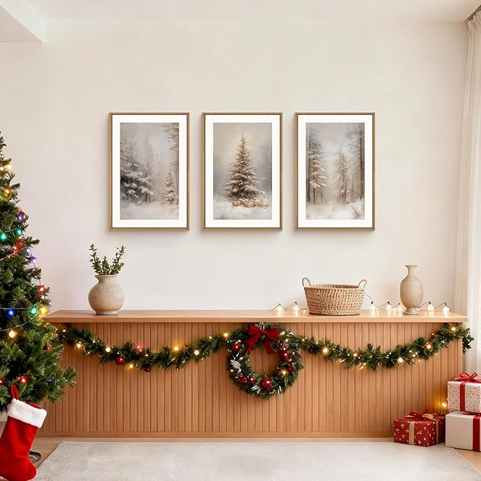 Aryroi Winter Snowy Forest Landscape Framed Canvas Wall Art Set,Modern Woodland Frosty Scenery Wall Decor,Nature Snow Covered Pine Tree Botanical Artwork for Living Room, Bedroom,Farmhouse- 16"x24"x3
