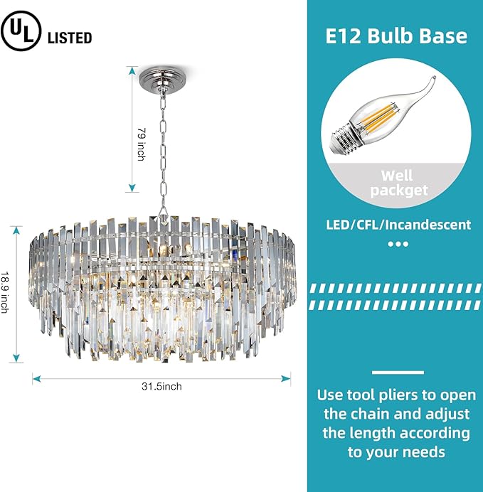 31.5" Modern Crystal Chandelier, 3-Tier Chrome Pendant Light with 13 Lights, Luxury K9 Crystal Ceiling Fixture for Dining Room Living Room Foyer