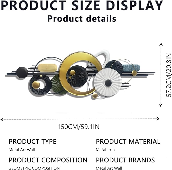 Metlzks Modern Abstract Metal Wall Art,Large 59×20 Inches Wall Decor, Geometric Circles Design Wall Sculptures, Gold Black White, Wall Decoration for Living Room Bathroom Bedroom Dining Room