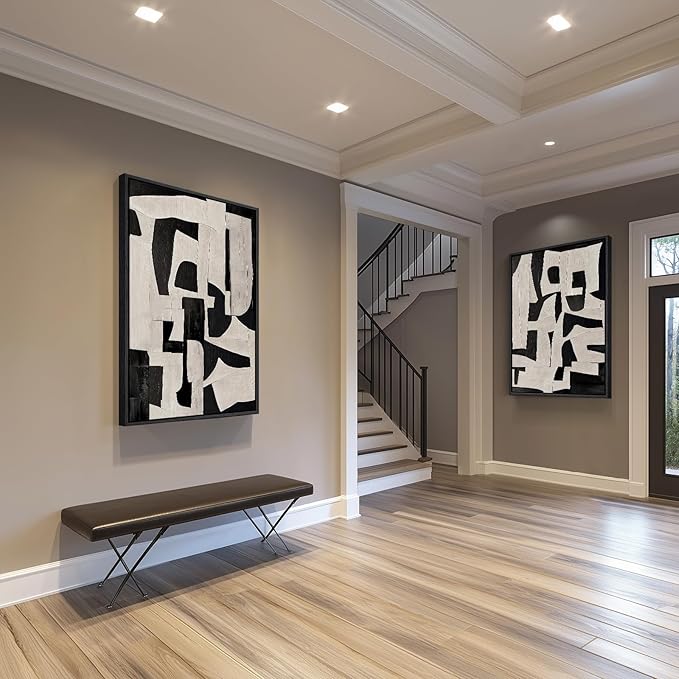 Large Framed Black and White Abstract Wall Art for Living Room, 2 Piece Modern Canvas Prints Paintings Artwork for Walls, Minimalist Black Beige Pictures for Hallway Dining Bedroom Wall Decor 24x36 In