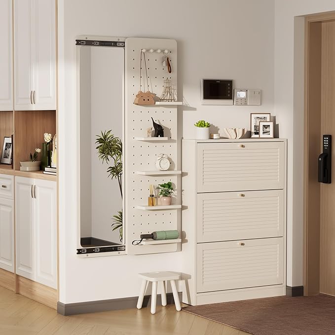 KungFuWood Full Length Mirror with Shelf and Hooks,Entry Way Mirrors for Wall,Wall Mirror with Shelf,Wall Mirror with Storage Multifunctional Design Panel,Living Room