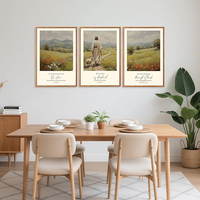 Aurlan Christian Bible Verses Framed Wall Art(16"x24"), 3PCS Vintage Jesus Leaves The 99 Lost Sheep Inspirational Scripture Canvas Artwork, Religious Abstract Flowers Nature Landscape Gallery Decor for Home Office Bedroom