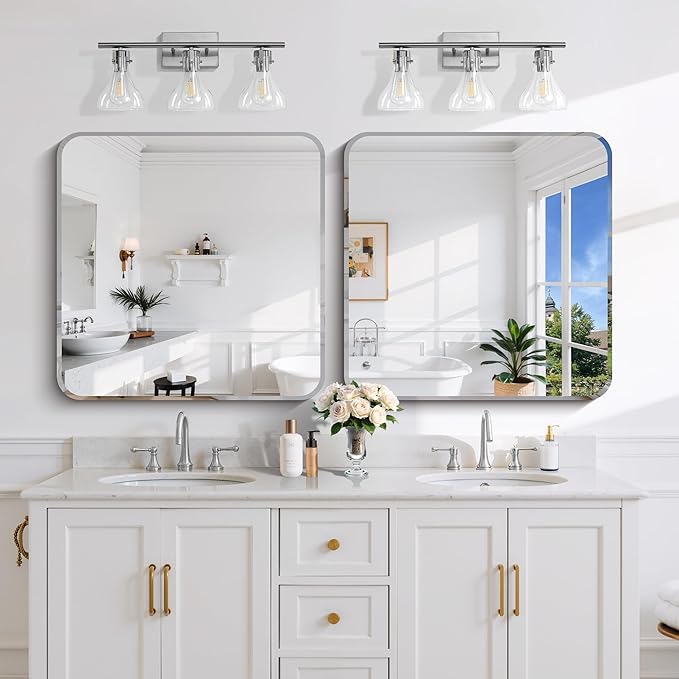 Beveled Mirror 30"x30", Square Frameless Bathroom Mirror Rounded Corner, Framless Vanity Mirror Shatterproof Tempered Glass Lightweight Design for Bedroom Living Room Entryway