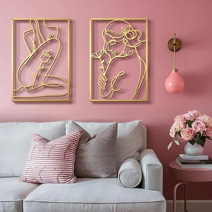 Bakovity Gold Metal Wall Art, Abstract Flower Line Sculpture, Gold Minimalist Modern Wall Decor for Living Room, Bedroom, Bathroom (4 Pieces, 17 x 12 Inches)