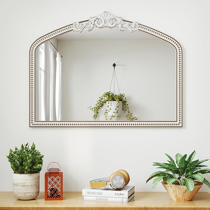 42''x32'' Baroque Wide Arched Wall Mirror, Ornate Wooden Farmhouse Arch Decorative Mirrors for Entryway, Fireplace, Bathroom with Beads Decor