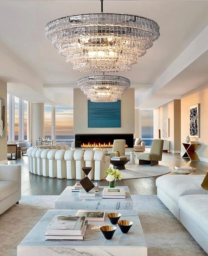 47 Inch Round Chandelier Clear Glass, Extra Large Drum Pendant Light for Dining Room, Modern Crystal Glass Ceiling Fixture Perfect for Living Room, Foyer