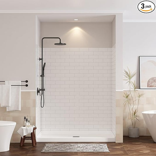 CASAINC Shower Wall Panels, Waterproof Wall Panels for Showers, Shower Surround Kit 3 Piece, 36D x 60W x 75H, Glossy White Tile Finish, SMC Material, 3.5MM Thick, Quick Install and Trimmable