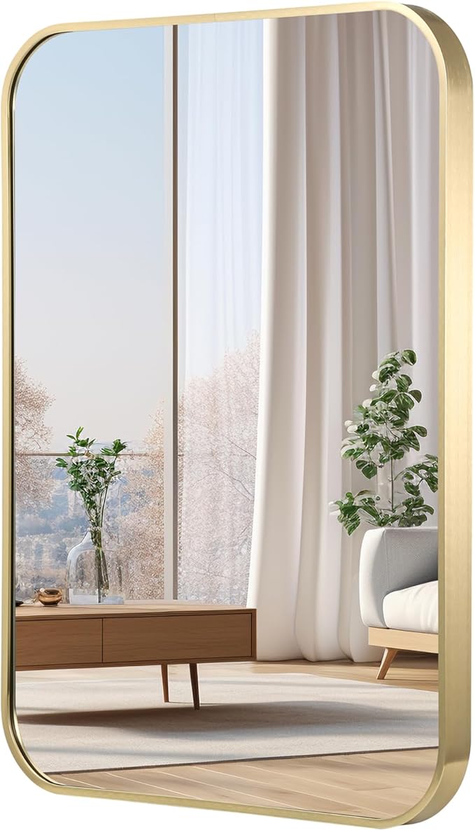 20x30 Inch Gold Bathroom Mirror, Brushed Gold Metal Framed Rectangular Mirror with Rounded Corner, Bathroom Vanity Mirror for Bedroom or Living Room, Horizontal/Vertical