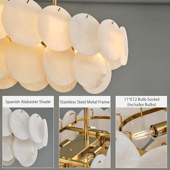 Alabaster Rectangle Chandelier, L39.4'' Natural Spanish Marble Stone Textur Chandeliers, 11-Light Dimmable Chandelier Over Table for Kitchen Island, Living Room, Hallway- Modern Luxury Lighting