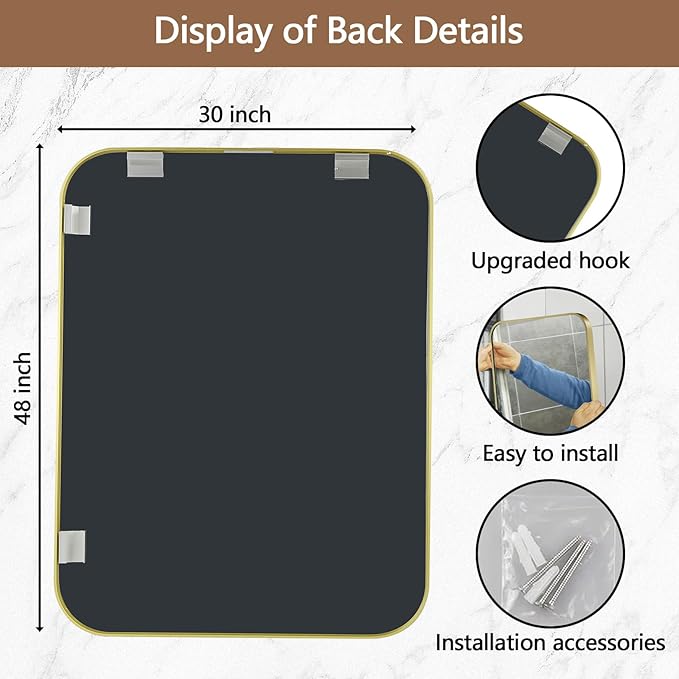 48x30 Inch Gold Mirror, Framed Rectangle Mirror with Rounded Corner, Brushed Brass Mirror, Gold Bathroom Mirror for Over Sink, Vanity, Living Room, Bedroom, Horizontal/Vertical