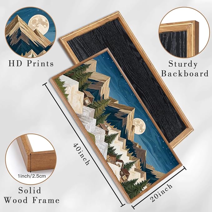 Large Mountain Wall Art Framed Rustic Wood Mountain Wall Decor for Living Room Bedroom Dining Room Office 20x40 Inch Single Artwork