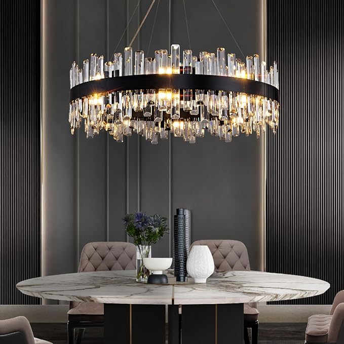 Modern Chandelier, D31.5 Round Black K9 Crystal Chandelier, Luxury Hanging Ceiling Light for Living Room, Chandeliers Pendant Light Fixture for Dining Room Hall Stairway Kitchen Bedroom