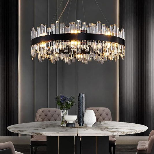 Modern Chandelier, D31.5 Round Black K9 Crystal Chandelier, Luxury Hanging Ceiling Light for Living Room, Chandeliers Pendant Light Fixture for Dining Room Hall Stairway Kitchen Bedroom