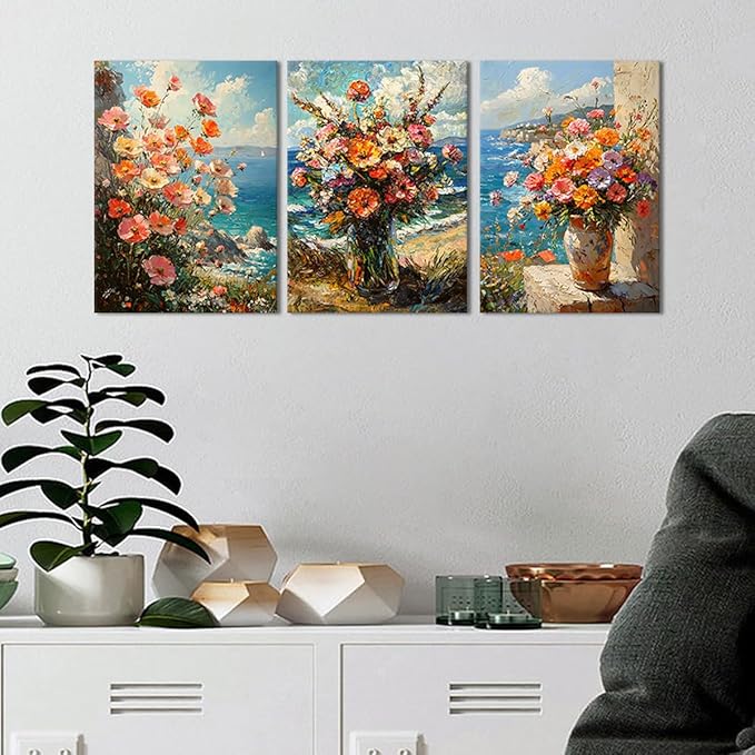 Bouquet on the Beach Vintage Flower Canvas Wall Art French Country Floral in Vase Prints Oil Painting Farmhouse Still Life Poster for Bedroom Living Room Framed - 12x16inchx3pcs