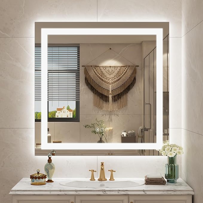 30 x 30 Lighted LED Bathroom Mirror for Wall, Square Vanity Mirror with Lights, Dimmable, Anti-Fog, Shatter-Proof, Memory, ETL Listed (Front Lights + Backlit)