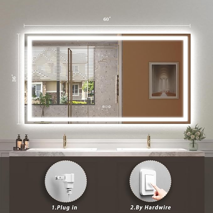 Led Bathroom Mirror 60x36, Large Illuminated Dimmable Vanity Mirror with Lights, Backlit and Front Lighted Makeup Mirror for Wall, Anti-Fog, Shatter-Proof, ETL Listed (Horizontal/Vertical)