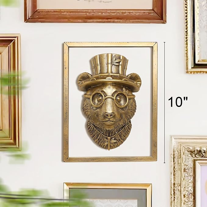 Animal Heads Wall Decor (Includes Metal Frame) Resin Animals Sculptures Head Wall Hanging Decoration Gold vintage Wall Sculpture for Living Room Bedroom Office(Panda)