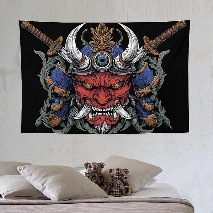 UUKXKUU Oriental Retro Mask Symmetry Samurai Japanese Tapestry Large Wall Art Decor Wall Hanging Flag Backdrop for Living Room Dorm Office Bedroom 40"×60"