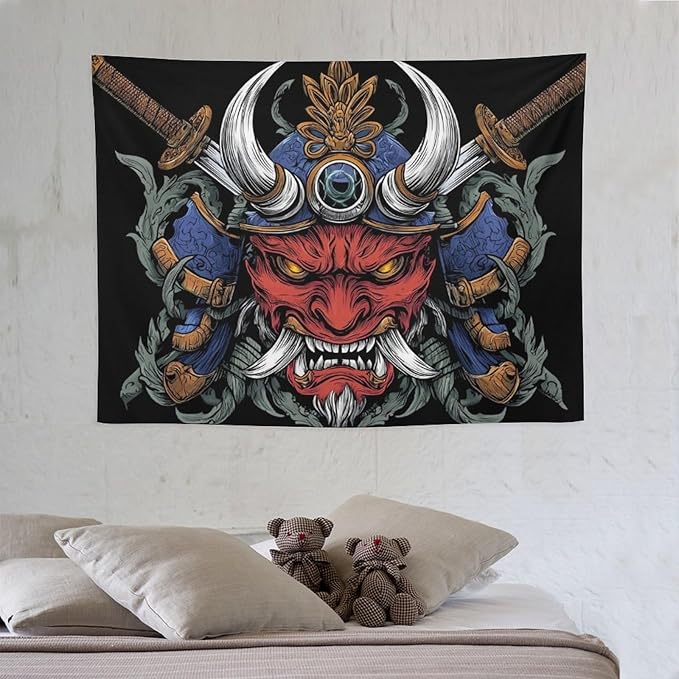UUKXKUU Oriental Retro Mask Symmetry Samurai Japanese Tapestry Flag Backdrop Wall Hanging Large Wall Art Decor for Dorm Office Bedroom Living Room 30"×40"